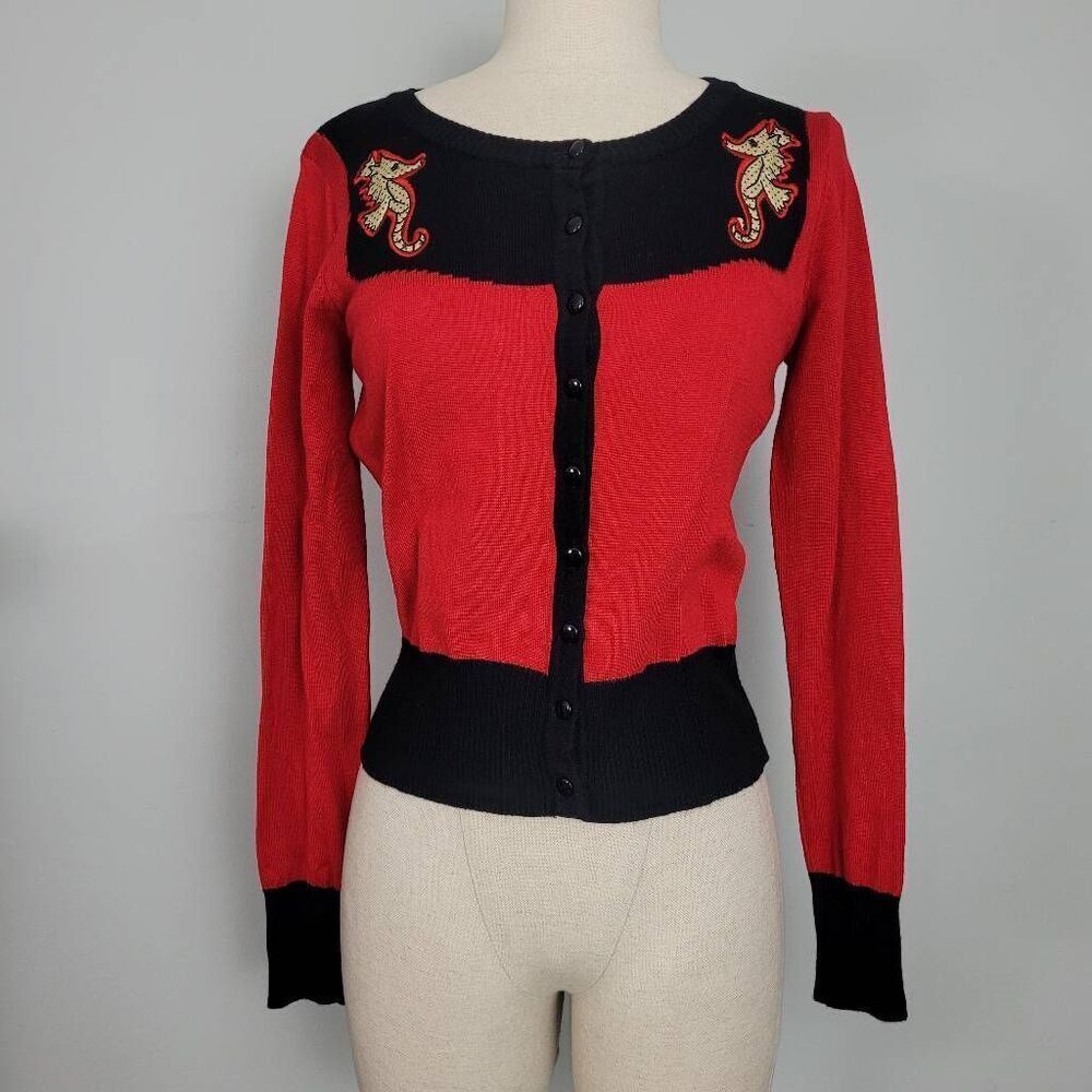 Voodoo Vixen Red Black Sea Horse Cardigan Sweater Sz S Retro Pinup Rockabilly